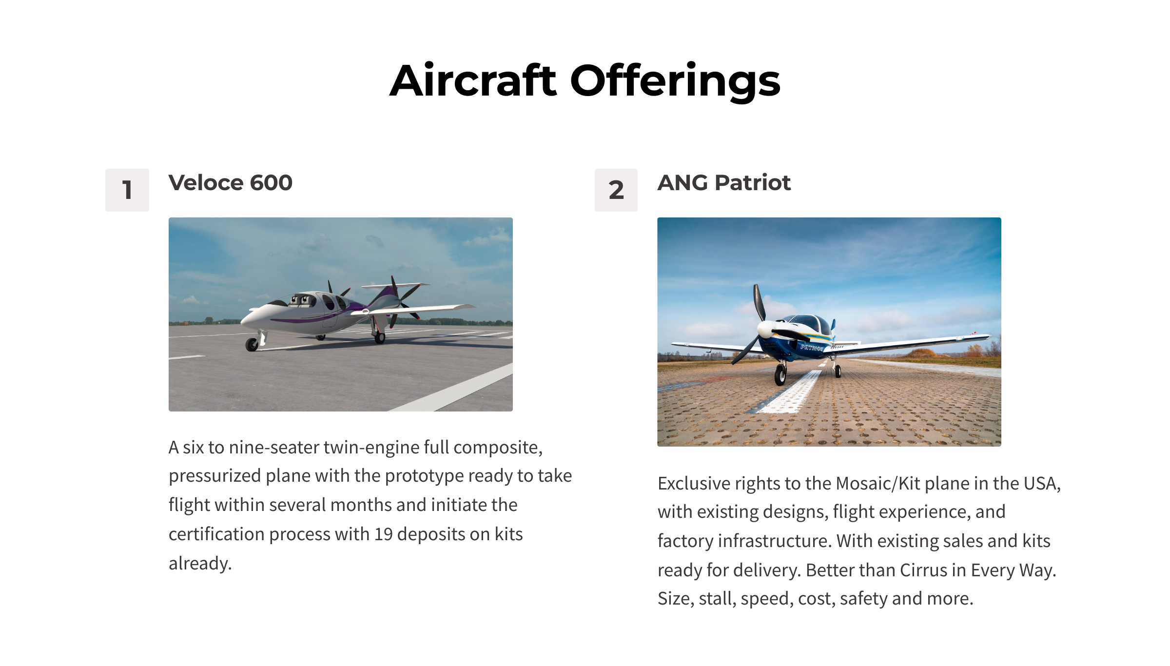 Veloce 600 and ANG Patriot aircraft.